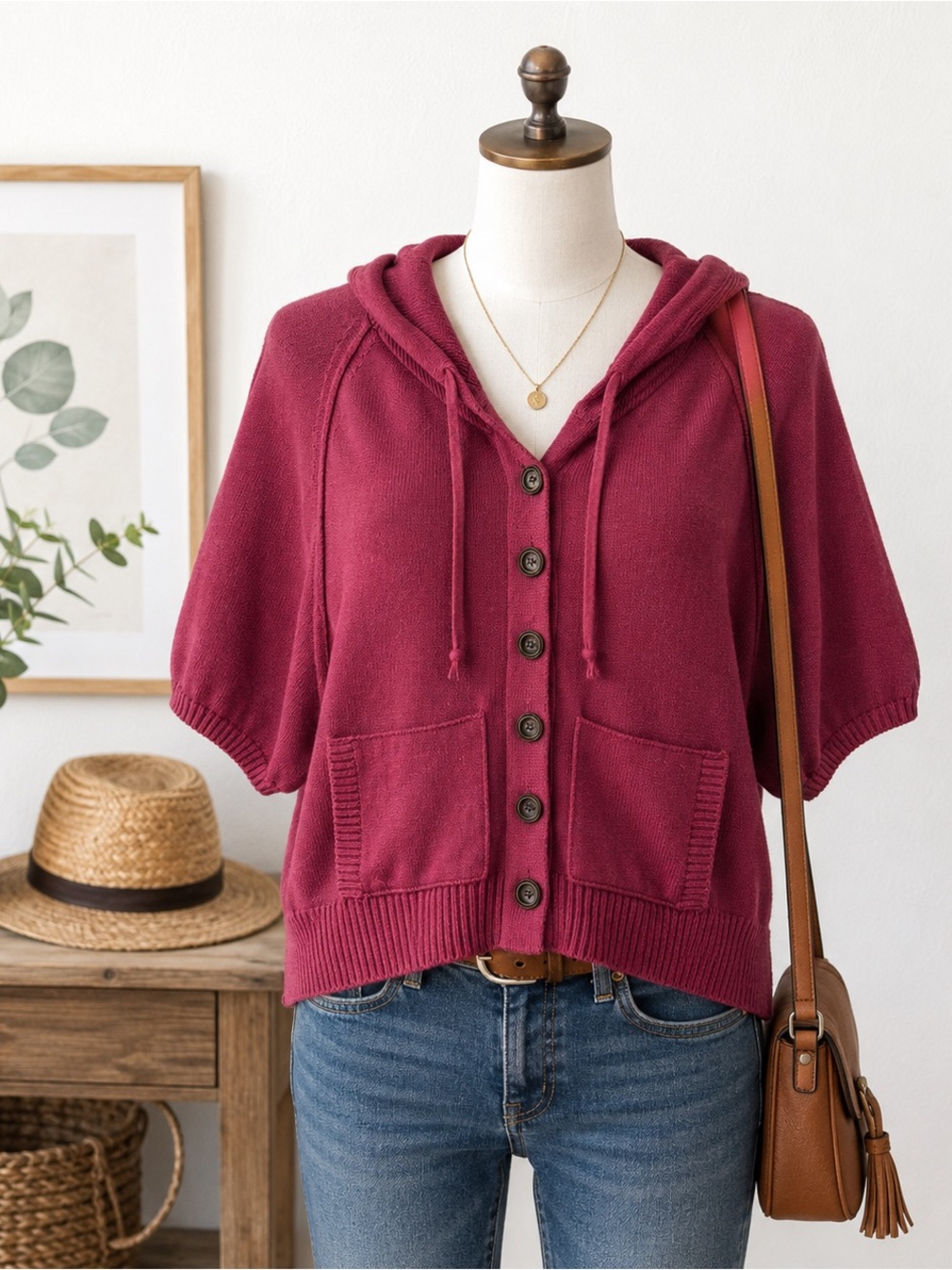 Sonoma Life Style Cranberry Hooded Short Sleeve Cozy Button Up Cardigan Size XL
